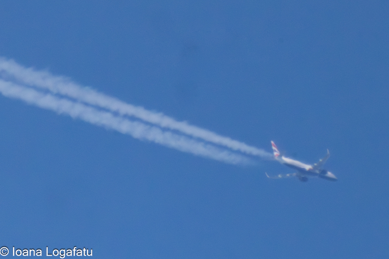 Jet flying high across a clear blue sky
